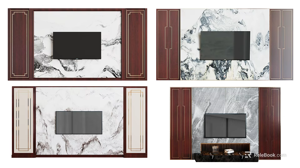 Elegant TV Wall Design With Marble Pattern Wooden Frames And TV Cabinet 3d model