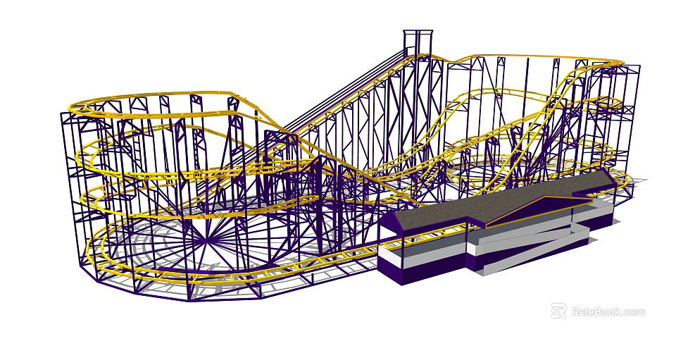 Thrilling Roller Coaster Ride Structure For Amusement Park With Yellow Tracks And Purple Supports 3d model 