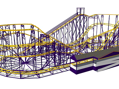 Thrilling Roller Coaster Ride Structure For Amusement Park With Yellow Tracks And Purple Supports 3d model