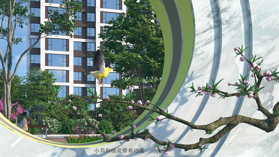 Garden Ornament with Bird Pecking Peach Blossoms in Spring Filled Flower Strip Veranda 3d model 