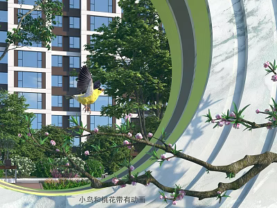 Garden Ornament with Bird Pecking Peach Blossoms in Spring Filled Flower Strip Veranda 3d model