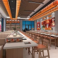 Modern Hot Pot Restaurant Interior With Orange Decor Long Tables And Bright Lighting