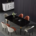 Modern Table and Chair Set with Black Marble Top Gold Legs Orange White Leather Chairs