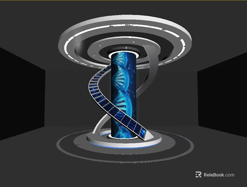DNA Double Helix Spiral Structure With Blue Column And Circular Rings Design 3d model 