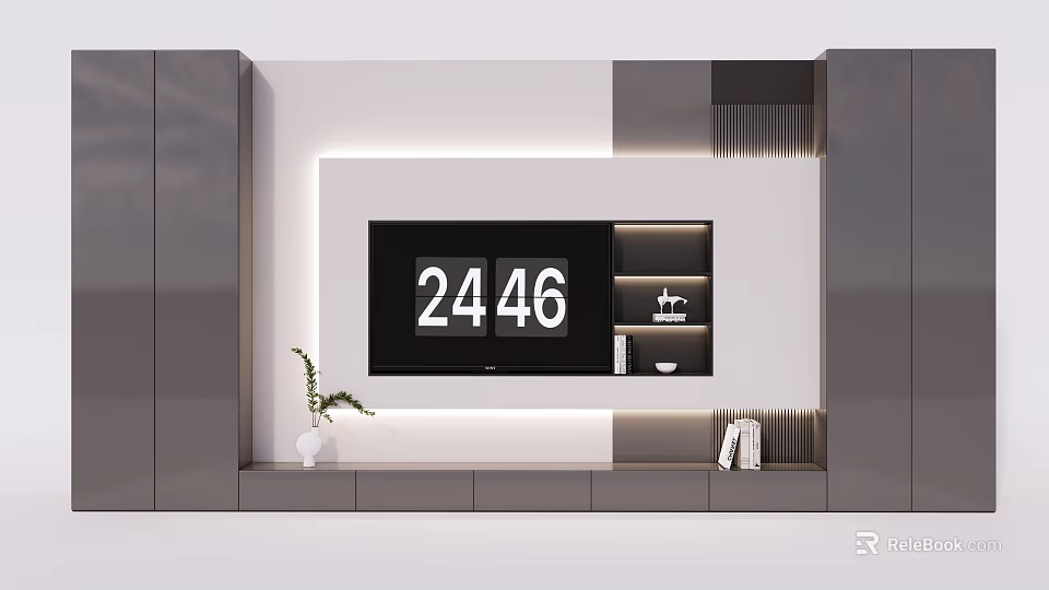 Modern TV Background Wall Design With TV Shelves Books Vase And Soft Lighting 3d model 