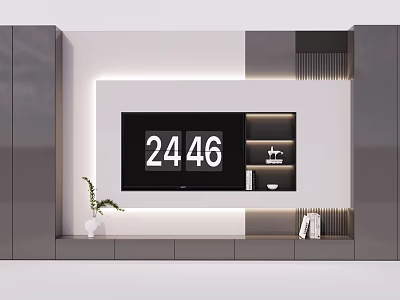 Modern TV Background Wall Design With TV Shelves Books Vase And Soft Lighting 3d model