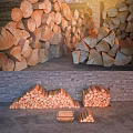 Rustic Stone Wall Background With Stacked Wood Logs And Wooden Racks