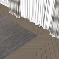 Light Brown Square Rug With Blue Geometric Patterns On Herringbone Wooden Floor And Curtains