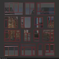 Various Window Designs With Red Frames On Gray Wall And Glass Reflections 3d model