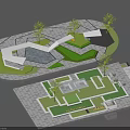 Modern Park Landscape Design With Green Lawns Trees Walking Paths And Geometric Layout