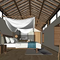 Cozy Hotel Room with wooden roof hanging white canopy wooden flooring and natural light