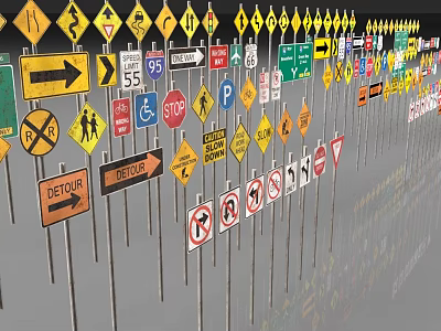Public Facilities Featuring Various Traffic Signs for Road Safety and Directional Guidance 3d model