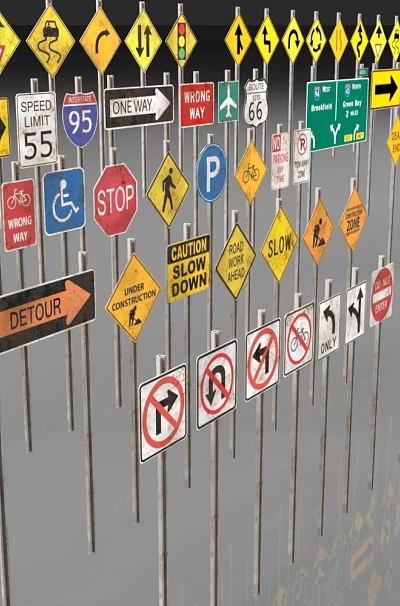 Public Facilities Featuring Various Traffic Signs for Road Safety and Directional Guidance 3d model