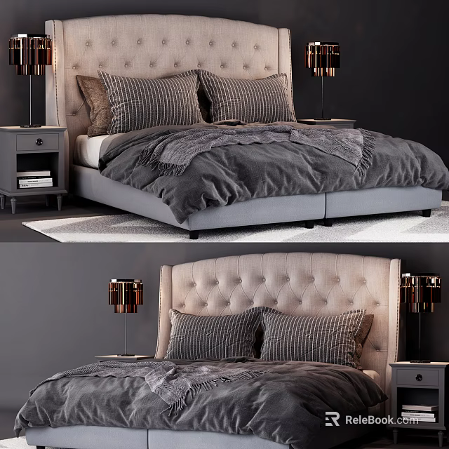 Modern Double Bed With Tufted Headboard Gray Bedding And Nightstands With Table Lamps 3d model 