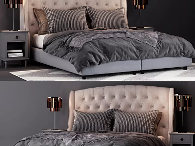 Modern Double Bed With Tufted Headboard Gray Bedding And Nightstands With Table Lamps 3d model