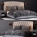 Modern Double Bed With Tufted Headboard Gray Bedding And Nightstands With Table Lamps