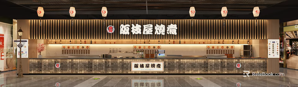 Japanese Style Restaurant Interior With Counter Lanterns Wooden Decor And Wine Racks 3d model 