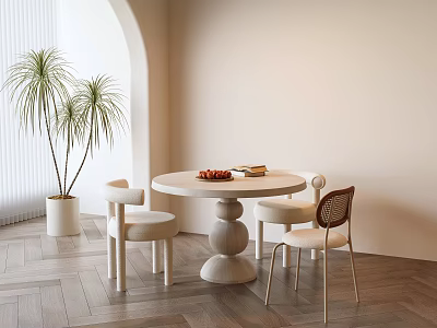 Modern Minimalist Round Dining Table Set With Two Chairs And Potted Palm On Herringbone Floor 3d model