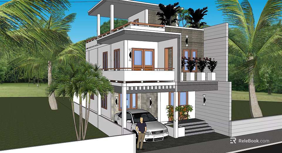 Two Story Detached Villa With Balcony Palm Trees Car Green Plants And Front Steps 3d model 