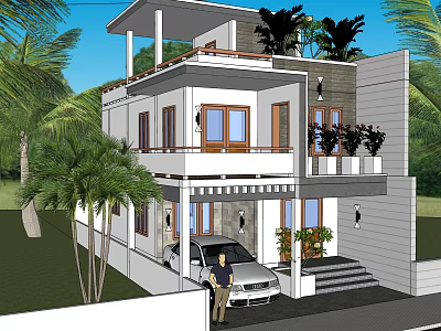 Two Story Detached Villa With Balcony Palm Trees Car Green Plants And Front Steps 3d model