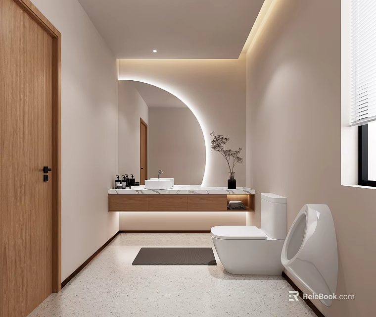 Modern Hotel Bathroom Interior Design With Arched Mirror Vanity Toilet Bidet And Vase Lighting 3d model 