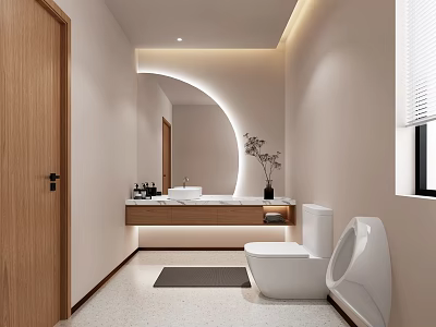 Modern Hotel Bathroom Interior Design With Arched Mirror Vanity Toilet Bidet And Vase Lighting 3d model