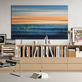 Study Room Interior With Large Abstract Painting Bookshelf And Decorative Items 3d model