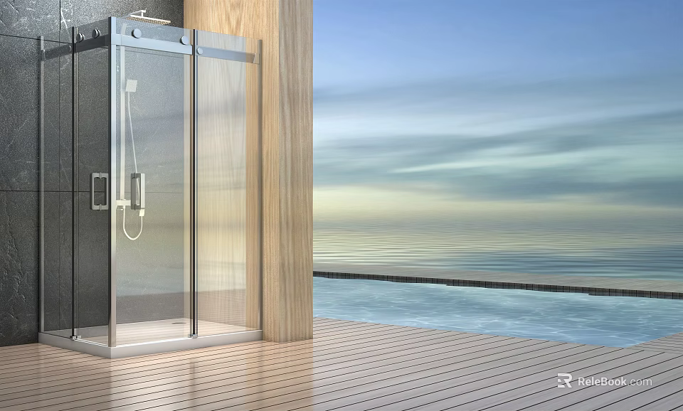 Modern Shower Sauna Design Featuring Glass Enclosure And Ocean View Wooden Deck 3d model 