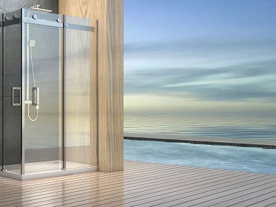 Modern Shower Sauna Design Featuring Glass Enclosure And Ocean View Wooden Deck 3d model