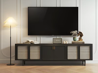Modern Black TV Stand with Woven Doors Books Vase Clock and Floor Lamp 3d model