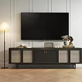 Modern Black TV Stand with Woven Doors Books Vase Clock and Floor Lamp