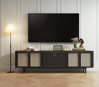 French Style TV Cabinet Antique TV Cabinet Wooden TV Cabinet Rattan TV Cabinet Floor Lamp Decoration Ornaments 3d model