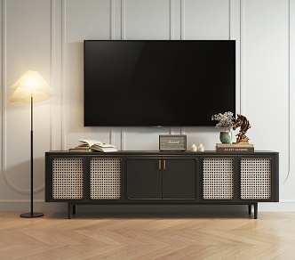 French Style TV Cabinet Antique TV Cabinet Wooden TV Cabinet Rattan TV Cabinet Floor Lamp Decoration Ornaments 3d model