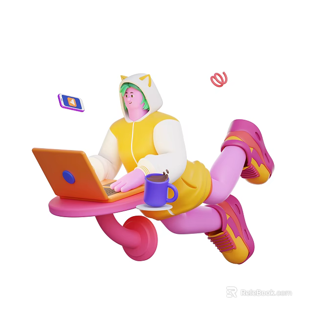 Game And Movie Character In Yellow Hoodie With Cat Ears Using Laptop On Floating Desk 3d model 