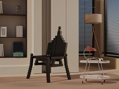 Black Leisure Chair With Wheeled Cart Table Lamp Bookshelf And Venetian Blinds In Indoor Room 3d model