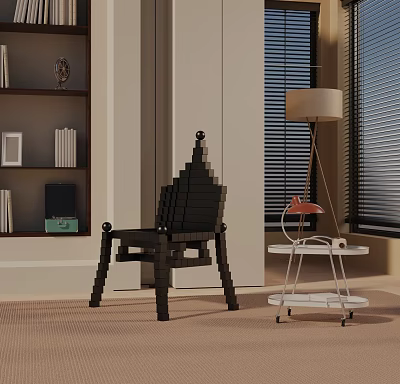 Black Leisure Chair With Wheeled Cart Table Lamp Bookshelf And Venetian Blinds In Indoor Room 3d model