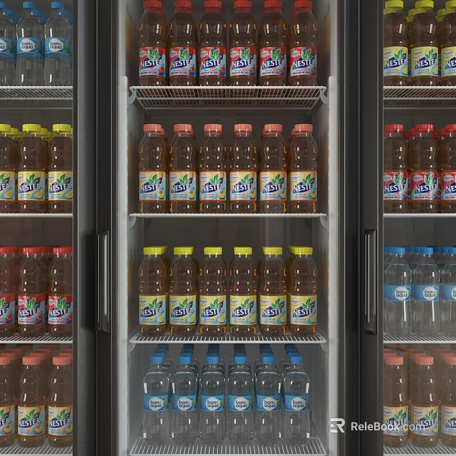 Organized Refrigerator Interior with Neatly Arranged Bottled Drinks on Shelves and Colorful Caps 3d model 