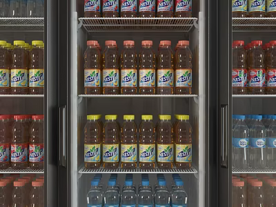 Organized Refrigerator Interior with Neatly Arranged Bottled Drinks on Shelves and Colorful Caps 3d model