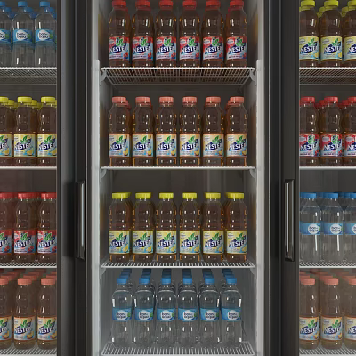 Organized Refrigerator Interior with Neatly Arranged Bottled Drinks on Shelves and Colorful Caps 3d model