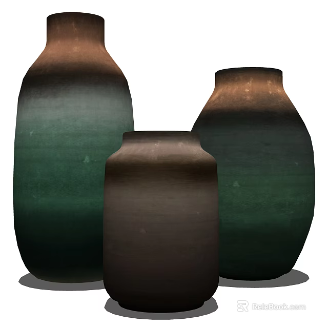 Three Ceramic Vases In Different Shapes With Green And Brown Hues For Home Decor 3d model 