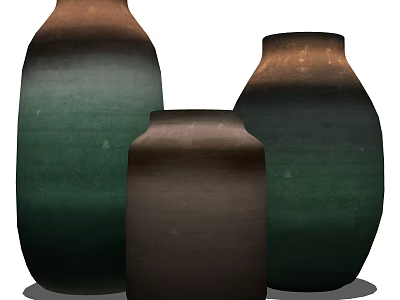 Three Ceramic Vases In Different Shapes With Green And Brown Hues For Home Decor 3d model