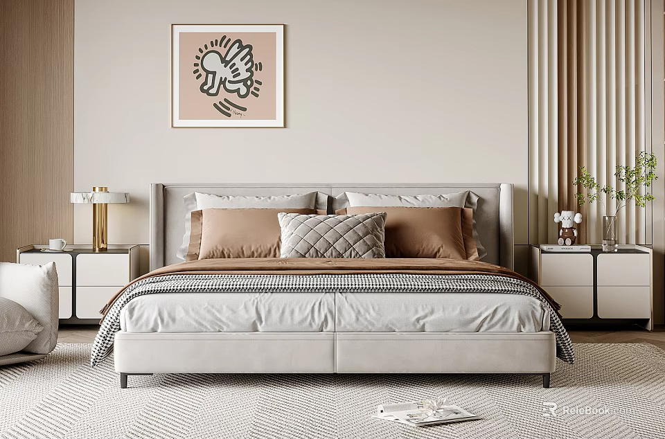 Modern Double Bed With Grey Headboard Pillows Nightstands And Abstract Painting In Minimalist Bedroom 3d model 