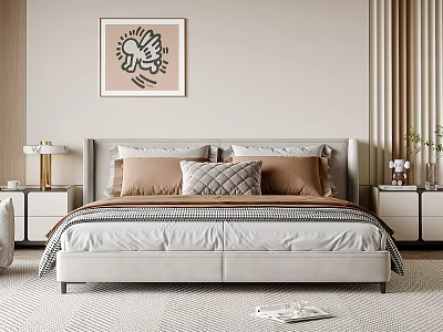Modern Double Bed With Grey Headboard Pillows Nightstands And Abstract Painting In Minimalist Bedroom 3d model