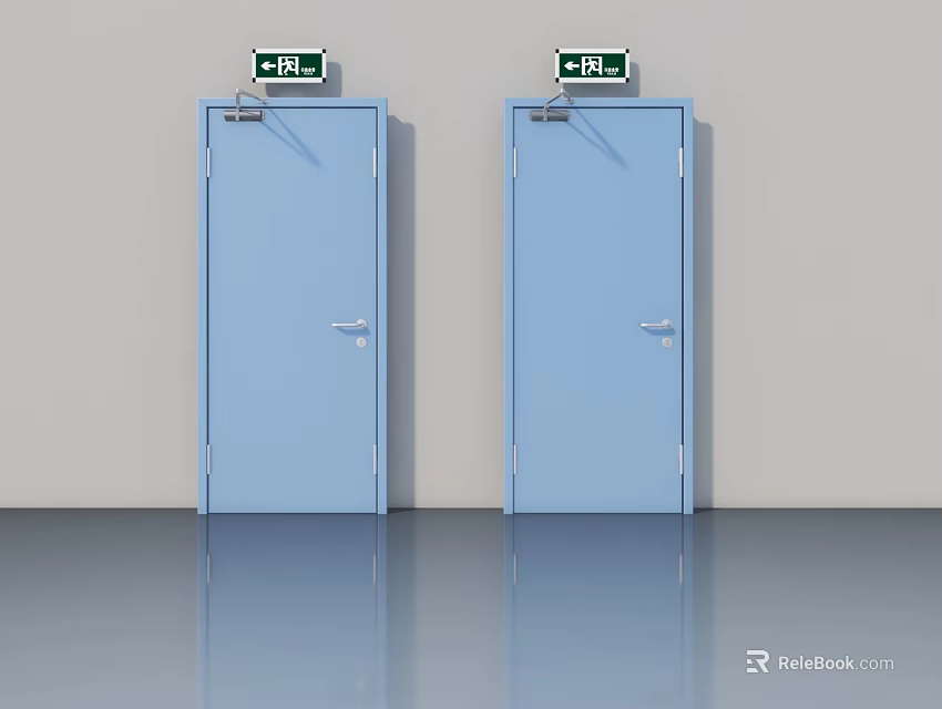 Two Blue Swing Doors with Exit Signs in Modern Interior Setting 3d model