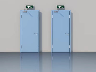 Two Blue Swing Doors with Exit Signs in Modern Interior Setting 3d model