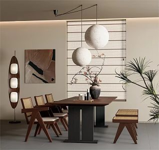 66 Quiet Ancient Dining Table and Chair Rattan Dining Table and Chair Restaurant Rattan Dining Chair Chandelier Roman Curtain Floor Lamp 3d model