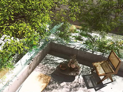 Outdoor Leisure Chair In Courtyard With Lush Green Trees And Stone Floor 3d model