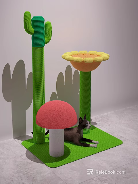 Colorful Cat Scratching Post With Red Mushroom Top Yellow Flower And Green Base 3d model 