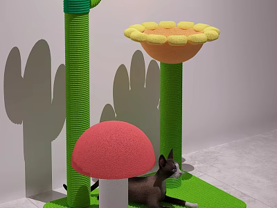 Colorful Cat Scratching Post With Red Mushroom Top Yellow Flower And Green Base 3d model