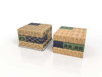 Stacked Wooden Crates With Grid Strapping Colored Panels And Pallet Bases 3d model